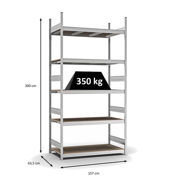 PROREGAL Weitspannregal Stecksystem T-Profil Grundregal HxBxT 300x150x60 cm 5 Ebenen Spanplatten Fachboden Fachlast 350 kg Verzinkt