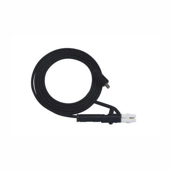 Schweißkabel mit Elektrodenhalter und Stecker, schwarz, aufgerollt.