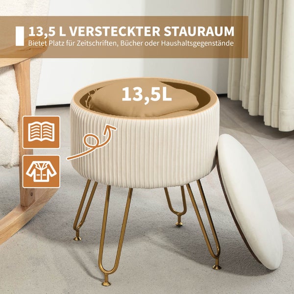 HOMCOM Sitzbank mit Stauraum, 2-in-1 Polsterbank mit Deckel, Bettbank mit Samtoptik, für Flur Schlafzimmer Wohnzimmer, Stahlrahmen, Ø40 x 48 cm Cremeweiß
