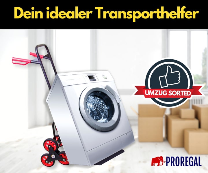 Eine Sackkarre mit Treppensteiger Funktion transportiert eine Waschmaschine in einem Raum mit Umzugskartons und dem Proregal Logo.