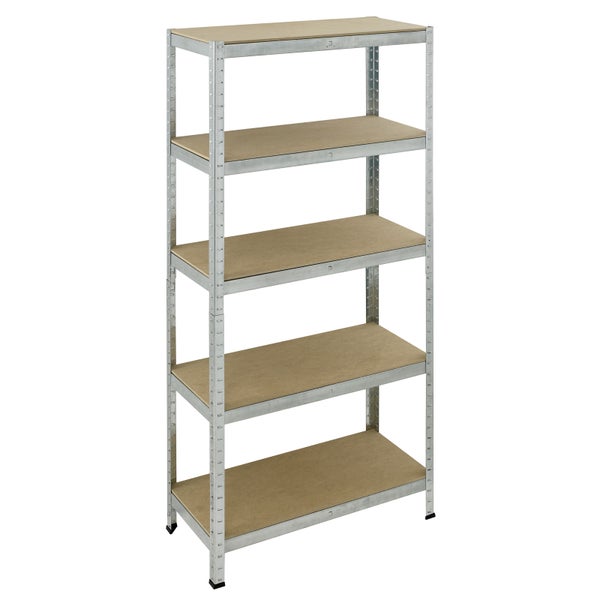 Schwerlastregal aus verzinktem Metall mit fünf Holzböden und praktischem Stecksystem.