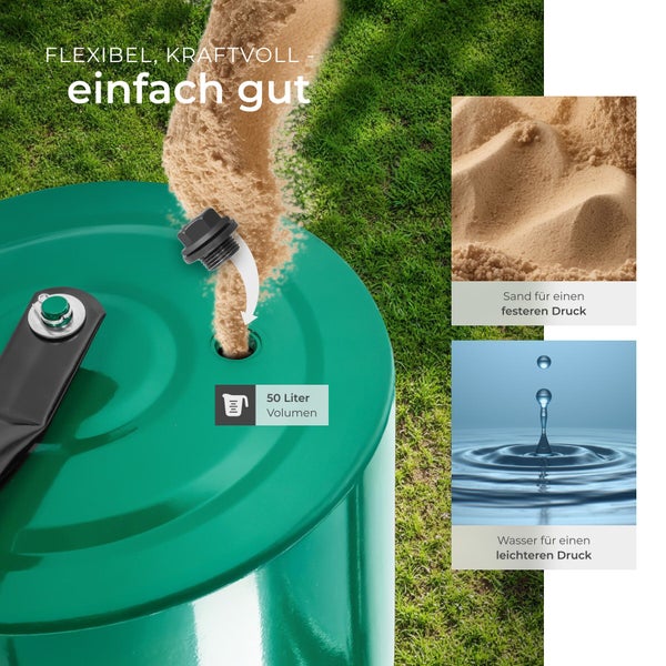 Gartenwalze mit 50 Liter Volumen zum Befüllen mit Sand für hohen Druck oder Wasser für leichten Druck