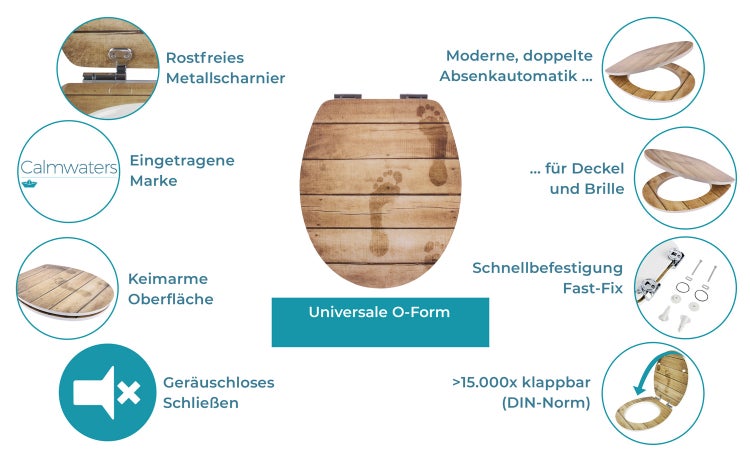 Toilettensitz mit verbessertem Puffer, stabilem Holzkern, Motiv auf drei Seiten, komfortablem Design, Scharnierabstand einstellbar von 132 bis 182 mm und Belastbarkeit geprüft bis 150 kg (DIN-Norm).