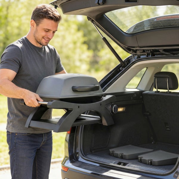 Ein Mann verstaut einen kompakten, tragbaren Gasgrill im Kofferraum eines Autos für den einfachen Transport.