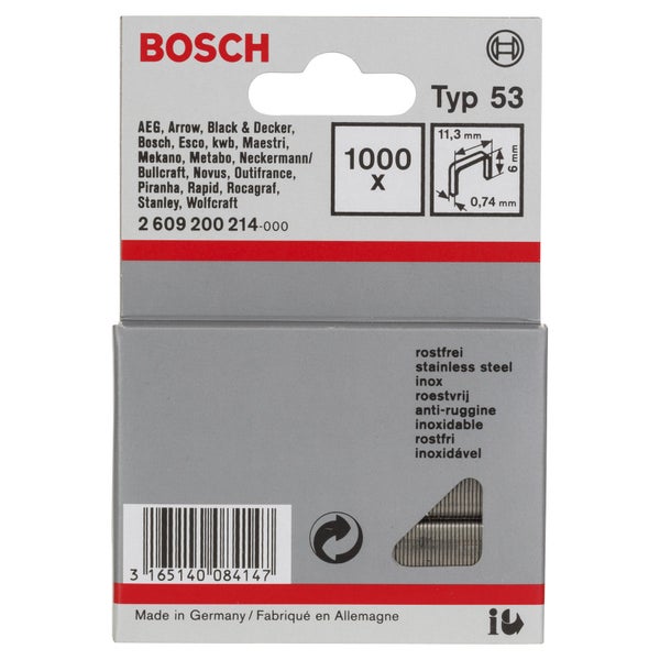 Bosch 1.000x Feindrahtklammer Typ 53, 11,4 x 0,74 x 6 mm aus rostfreiem Stahl -2609200214