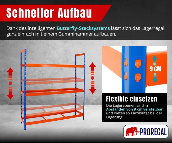 Lagerregal von Proregal mit blauem Gestell und orangefarbenen Ebenen, verstellbar in 9-Zentimeter-Schritten mit Butterfly-Stecksystem. Proregal Logo.