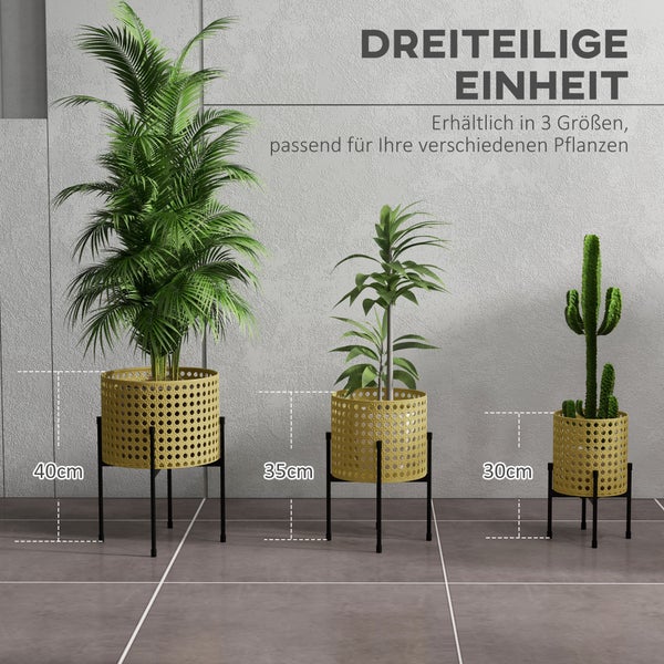 Outsunny 3er-Set Pflanzenständer Blumenständer mit Rattanoptik Pflanzenhocker Blumenhocker für Innen und Außenbereich Stahl Gold