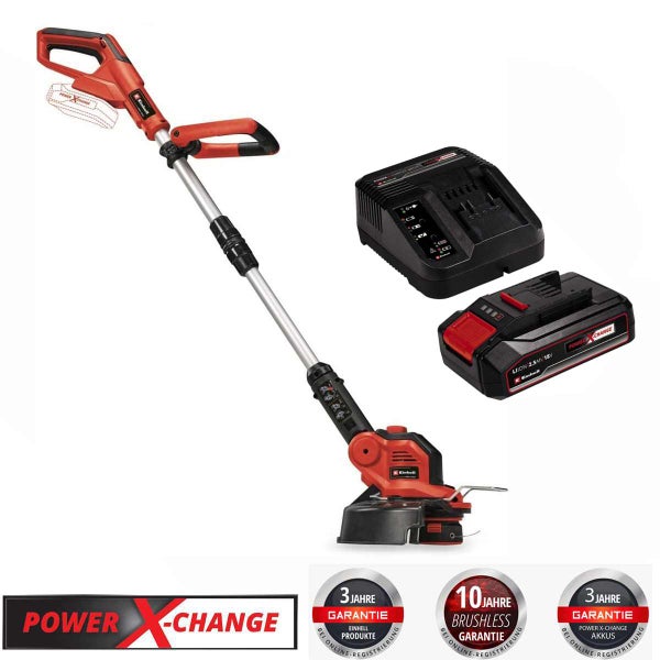 Akku-Rasentrimmer von Einhell mit Akku und Ladegerät aus dem Power X-Change System inklusive Garantiesiegel.