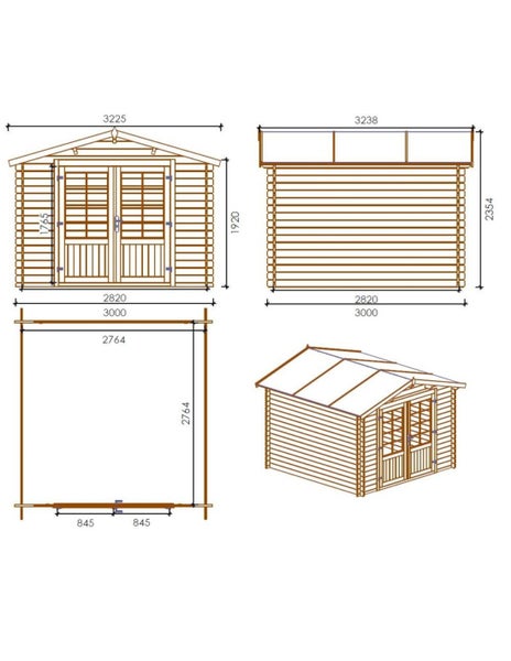 Technische Zeichnung eines Gartenhauses aus Holz mit Maßangaben für Frontansicht, Seitenansicht, Grundriss und isometrischer Perspektive.