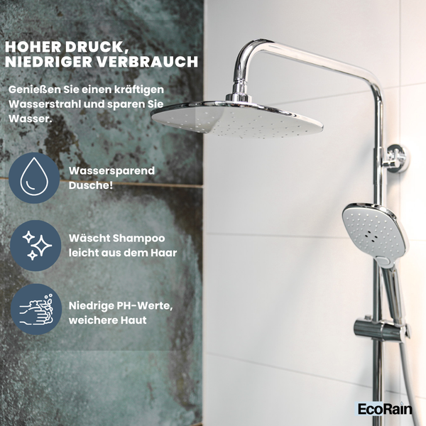 EcoRain 50% Wassersparender Duschkopf Kay 12 CM mit Wasserfilter - 3 Strahlarten - Hoher Wasserdruck - Universeller Anschluss - Chrom