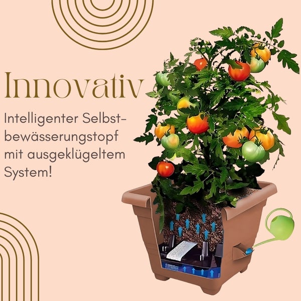 Selbstbewässerungstopf mit Tomatenpflanze und schematischer Darstellung des Bewässerungssystems
