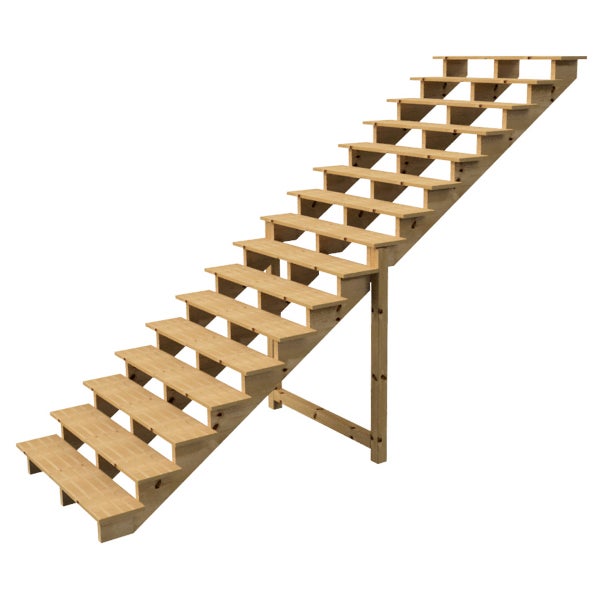 Holztreppe mit fünfzehn Stufen und Stützpfosten