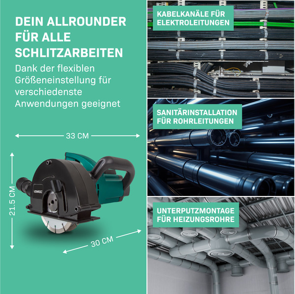 VONROC Schlitzfräse Mauernutfräse mit Absaugung [1700W] - Nutfräser für Kabelnut [14/19/29mm] - Schlitzmaschine 150mm mit Schnittiefe [4-40mm] inklusive 2 Diamantscheiben