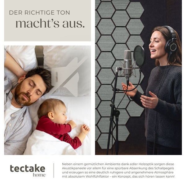 Sechseckige Akustikpaneele für Schalldämmung im Tonstudio und für ruhigen Schlaf von Vater und Kind. tectake home Logo.