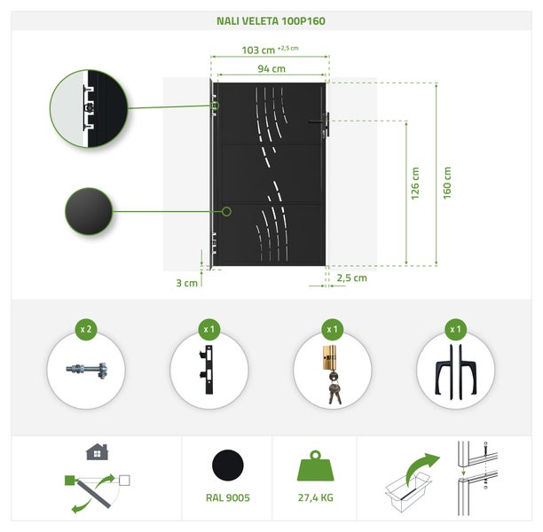 Nali Veleta 100P160 Gartentür mit Maßangaben und Zubehörinformationen