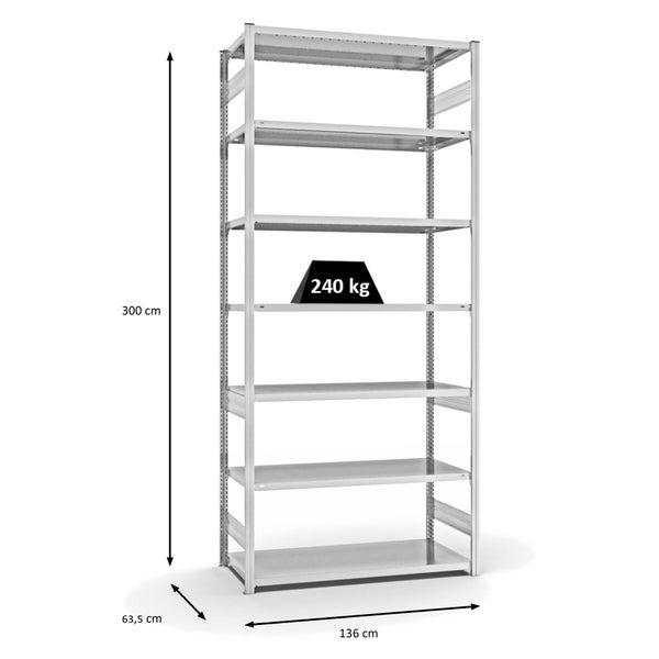 PROREGAL Fachbodenregal Stecksystem T-Profil Medium-Duty Grundregal HxBxT 300 x 130 x 60 cm 7 Ebenen Fachlast 240 kg Beidseitig Nutzbar Lichtgrau