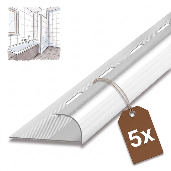 Set aus fünf Metall Fliesenabschlussprofilen für saubere Kanten an Wand und Boden im Badezimmer