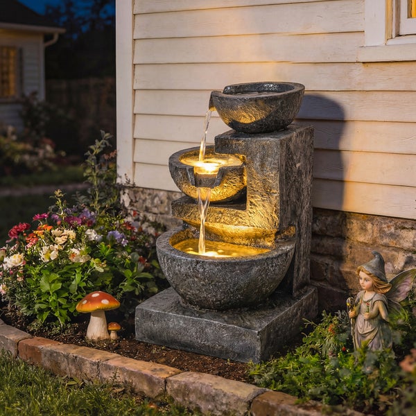 Dreistufiger Gartenbrunnen in Steinoptik mit LED-Beleuchtung in einem bepflanzten Gartenbeet vor einer Hauswand.