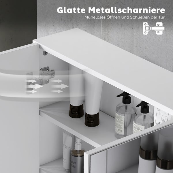 Nahaufnahme eines Metallscharniers an einem weißen Badezimmerschrank für müheloses Öffnen und Schließen der Tür.