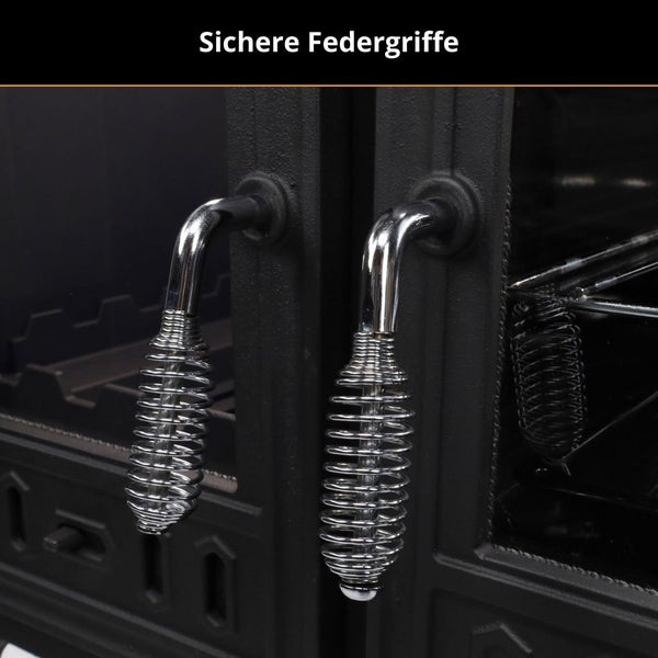 Nahaufnahme von zwei sicheren Federgriffen aus Metall an einer Kaminofentür.