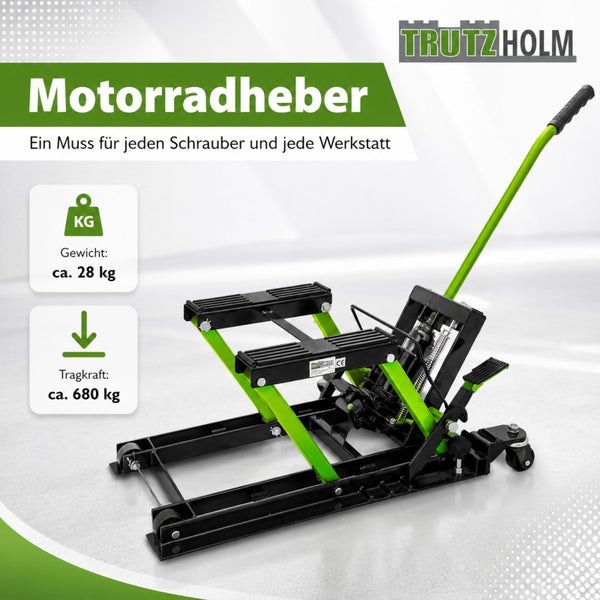 Trutzholm Motorradheber mit 680 kg Tragkraft und 28 kg Eigengewicht für die Werkstatt.