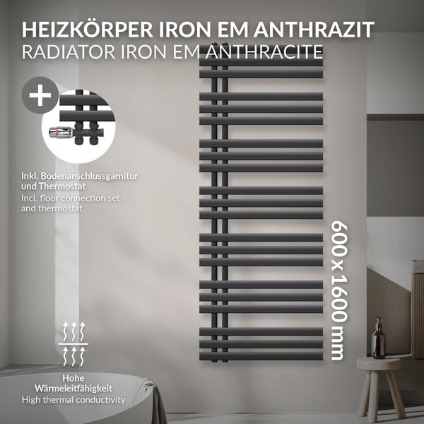 LuxeBath Badheizkörper Iron EM 600x1600 mm Anthrazit Mittelanschluss mit Anschlussgarnitur Thermostat Durchgang Boden, Design Heizkörper Bad Heizung Handtuchwärmer Handtuchtrockner Handtuchheizkörper