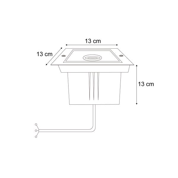 Technische Zeichnung einer quadratischen Einbauleuchte mit den Maßen 13 mal 13 mal 13 Zentimeter.
