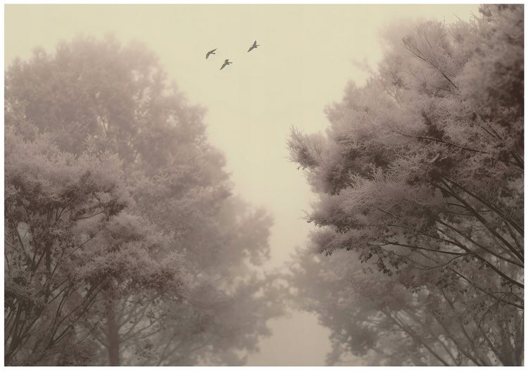 Winterlandschaft mit Bäumen und fliegenden Vögeln