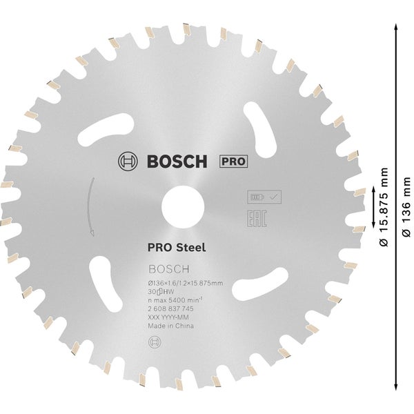 Bosch Pro Steel Sägeblatt mit Maßangaben