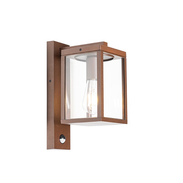 Rechteckige Außenwandleuchte in Rostoptik mit Bewegungsmelder aus Metall und Glas inklusive Leuchtmittel.