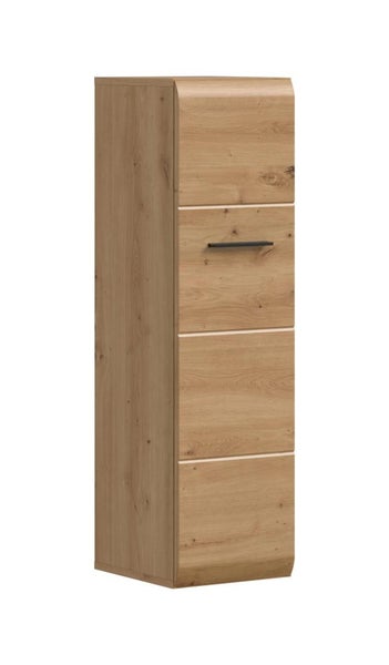 Badezimmer-Hochschrank in Eichenoptik mit einer Tür, abgerundeter Kante und schwarzem Griff.
