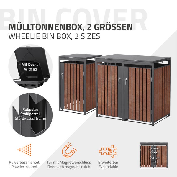 Mülltonnenbox aus Cortenstahl und Stahlgestell in zwei Größen, pulverbeschichtet, mit Deckel und Magnetverschluss-Tür, erweiterbares System.