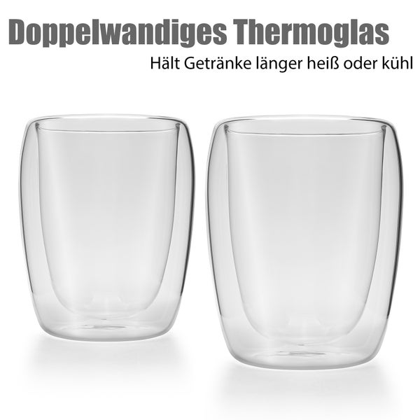 Zwei doppelwandige Thermogläser aus Glas für Heiß- und Kaltgetränke.
