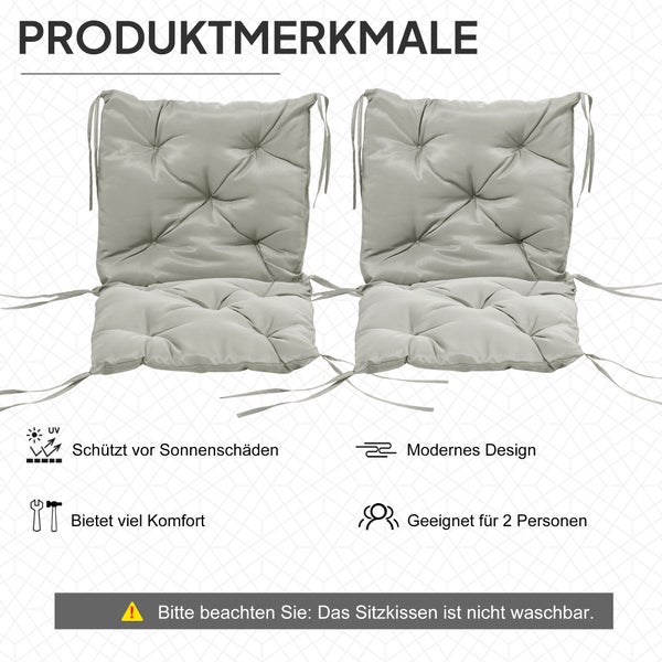 Zwei graue gesteppte Sitzkissen mit UV-Schutz und hohem Komfort für zwei Personen. Nicht waschbar.