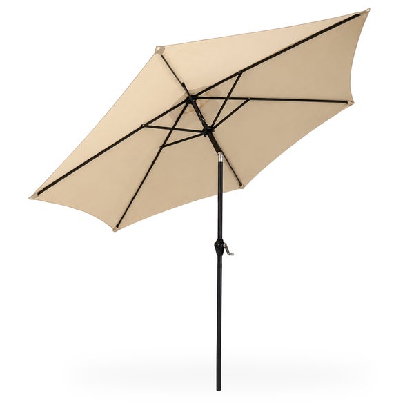 Sonnenschirm mit Kurbel und Knickvorrichtung, sechseckig, beige, schwarzes Gestell.