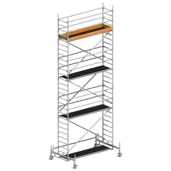 Rollgerüst mit mehreren Ebenen und Layher Logo