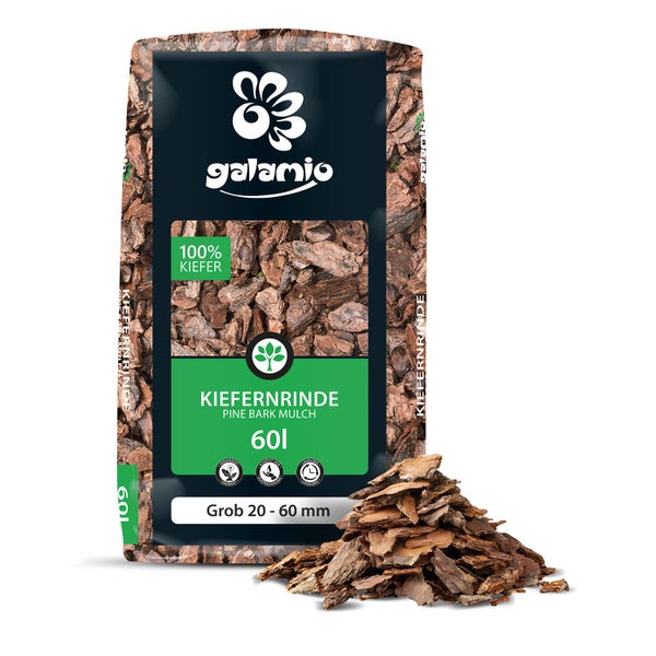 Galamio Kiefernrinde in einem 60 Liter Sack mit grober Körnung von 20 bis 60 Millimeter zur Gartenabdeckung.