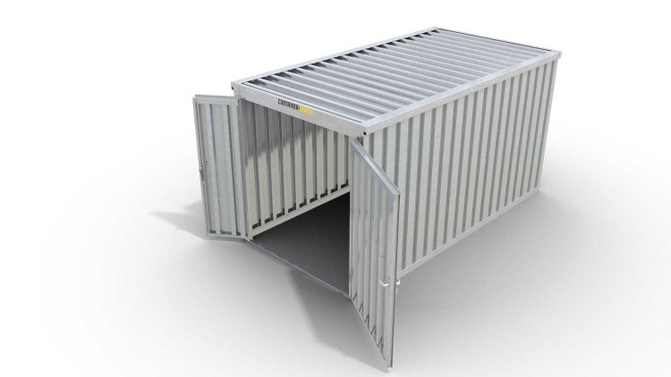 Lagercontainer Gerätehaus XL  – 10 qm, H2115 x B5080 x T2170 mm, verzinkt, ohne Fußboden, 1830 mm Doppelflügeltür mittig in Stirnseite, zerlegt