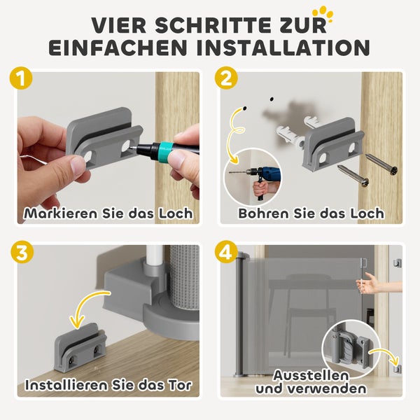 Montageanleitung für ein Schutzgitter in vier Schritten: Markieren, Bohren, Installieren und Ausstellen des Tors