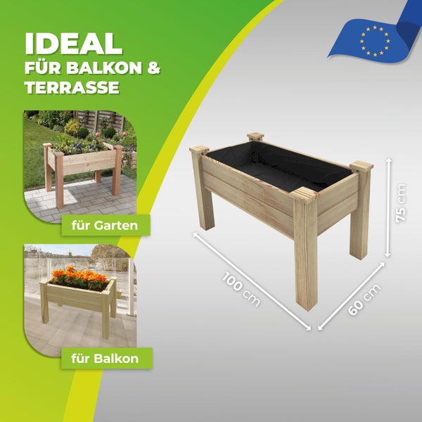 Hochbeet aus Holz für Balkon und Terrasse, Maße 100 Zentimeter mal 60 Zentimeter mal 75 Zentimeter, hergestellt in der Europäischen Union.