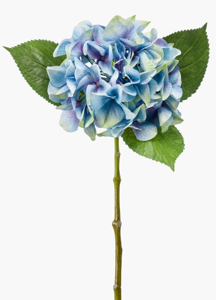 Künstliche Hortensie als Einzelstiel mit blauen Blüten und grünen Blättern.