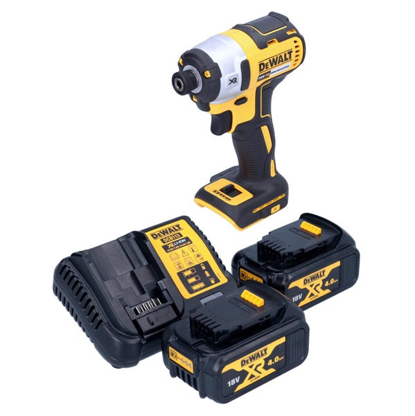 DeWalt bürstenloser Akku-Schlagschrauber 18 Volt mit zwei 4,0 Amperestunden Lithium-Ionen-Akkus und Ladegerät.