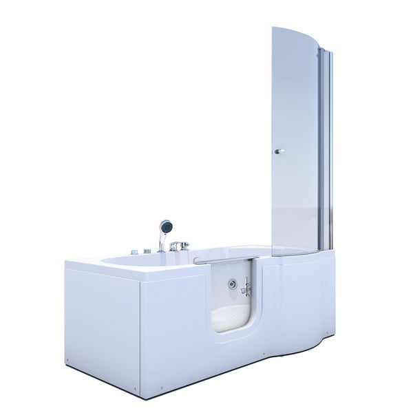 Weiße Sitzbadewanne mit Einstiegstür, gebogener Glas-Duschwand und verchromten Armaturen.