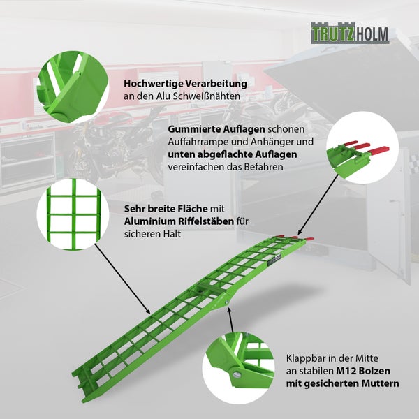 TRUTZHOLM 1 x Auffahrrampe klappbar 180 cm Traglast 340 kg Alu grün Riffelstab Verladerampe