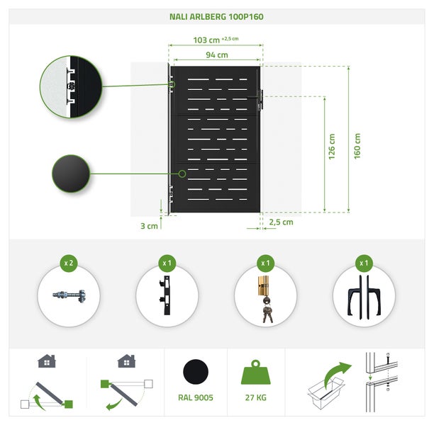 Gartentür aus Stahl 1m NALI ARLBERG H.160cm mattschwarz