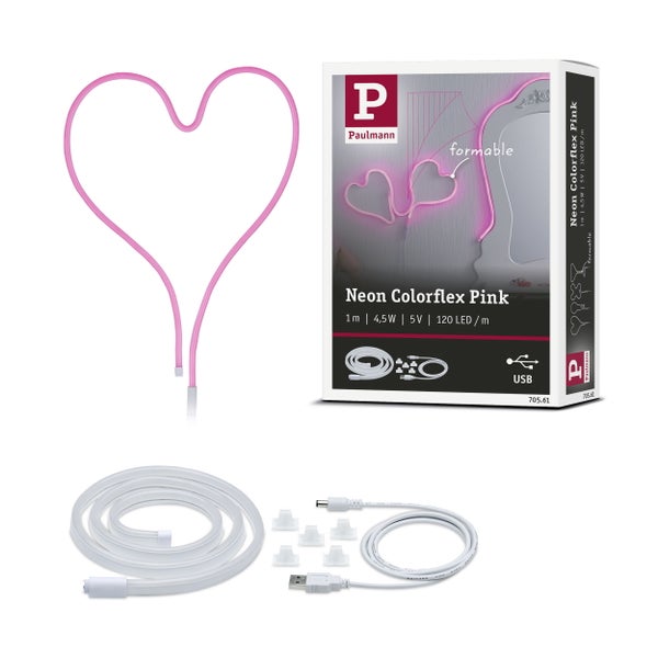 Paulmann Neon Colorflex Pink Leuchte, ein Meter Länge, 4,5 Watt Leistung, fünf Volt Spannung und 120 LEDs pro Meter, in Herzform sowie Verpackung und Zubehör