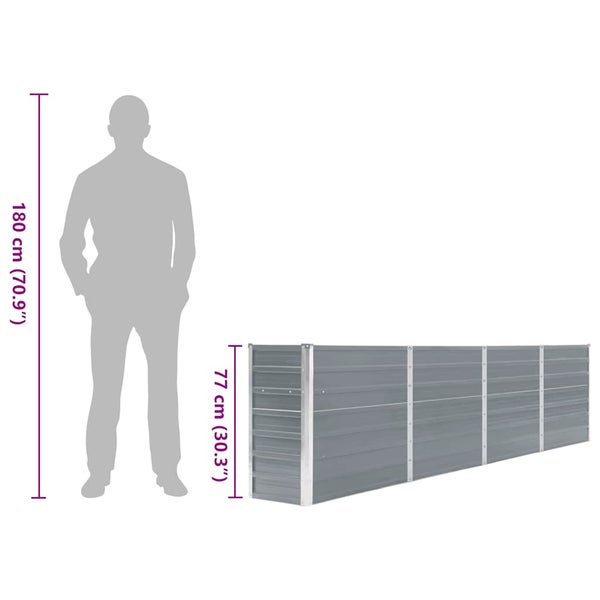 Metall-Hochbeet mit einer Höhe von 77 Zentimetern im Größenvergleich zu einer 180 Zentimeter großen Personensilhouette.