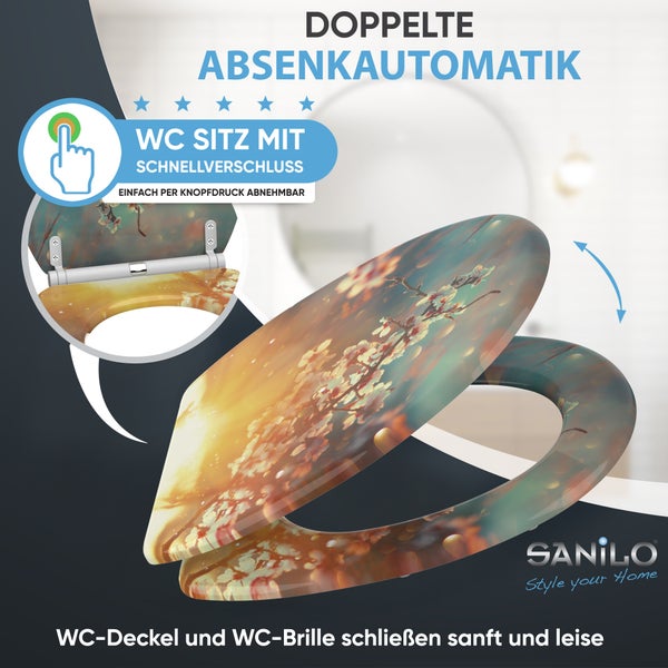 Sanilo Logo. Toilettensitz mit floralem Muster, doppelter Absenkautomatik und Schnellverschluss. Deckel und Brille schließen sanft und leise.