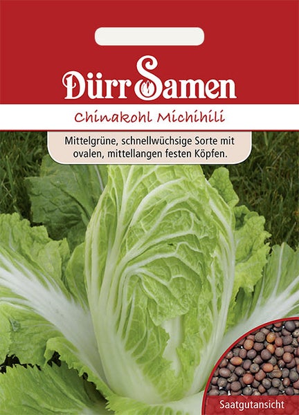 Samentüte für Chinakohl Michihili von Dürr Samen mit Abbildung eines Kohlkopfs und Detailansicht der Samen. Dürr Samen Logo.
