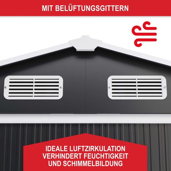 Belüftungsgitter an einem Gerätehaus sorgen für Luftzirkulation und verhindern Feuchtigkeit sowie Schimmelbildung.